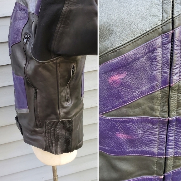 Vintage 90s y2k Black Purple Leather Armored Padded Motorcycle Moto Jacket - Picture 4 of 7